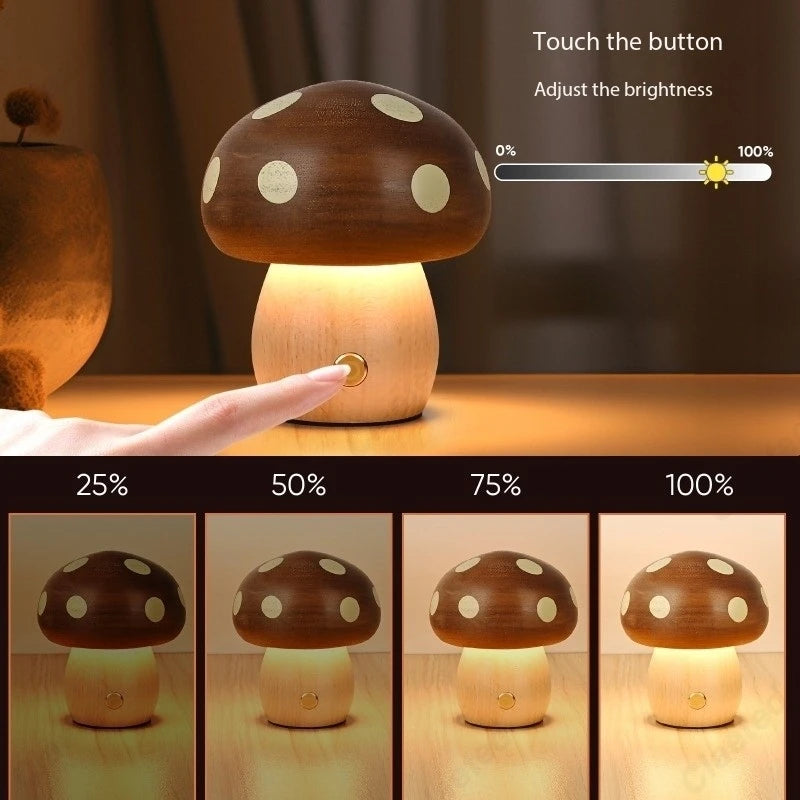 Creative LED Solid Wood Mushroom Night Light – Ambient Atmosphere Table Lamp