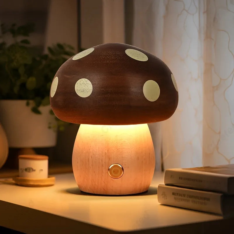 Creative LED Solid Wood Mushroom Night Light – Ambient Atmosphere Table Lamp