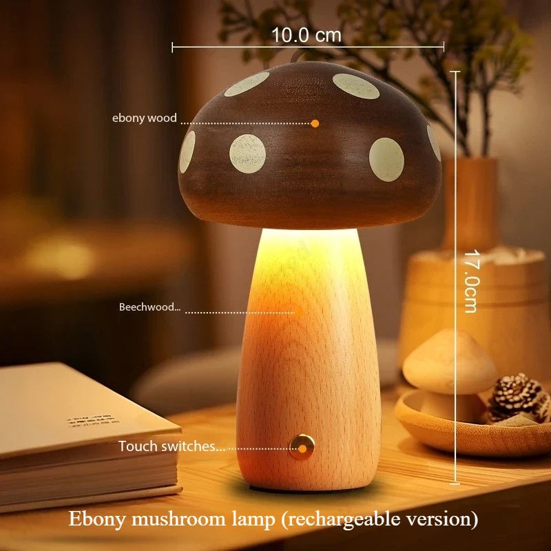 Creative LED Solid Wood Mushroom Night Light – Ambient Atmosphere Table Lamp