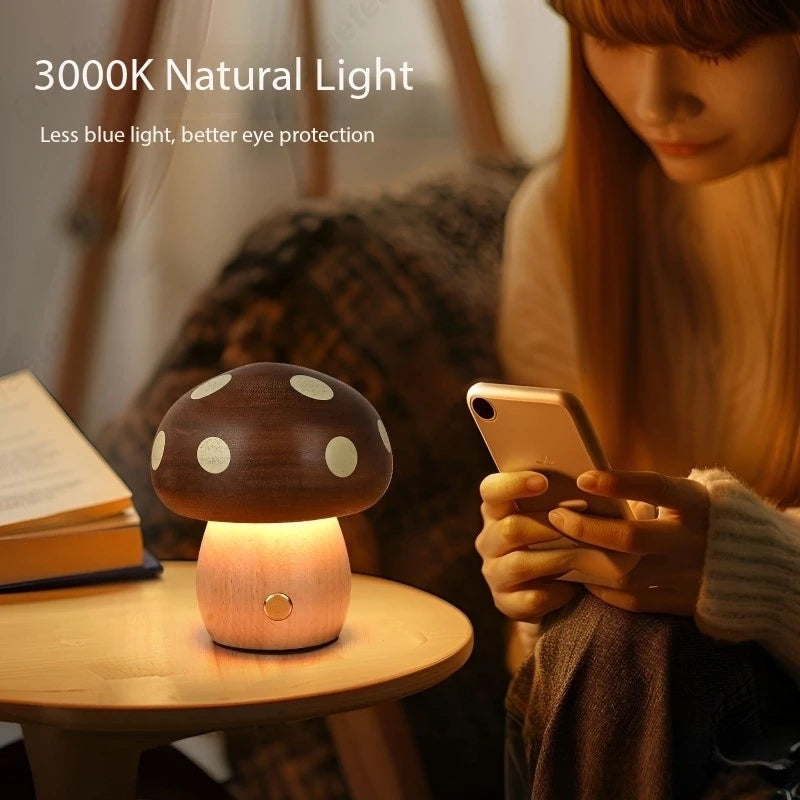 Creative LED Solid Wood Mushroom Night Light – Ambient Atmosphere Table Lamp