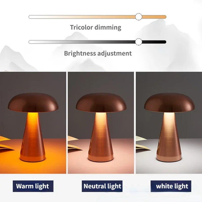 Nordic LED Mushroom Table Lamp – Rechargeable Touch Dimming Lamp with 3 Color Modes