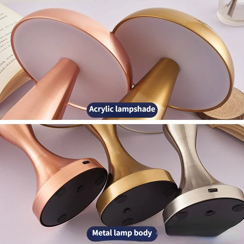 Nordic LED Mushroom Table Lamp – Rechargeable Touch Dimming Lamp with 3 Color Modes
